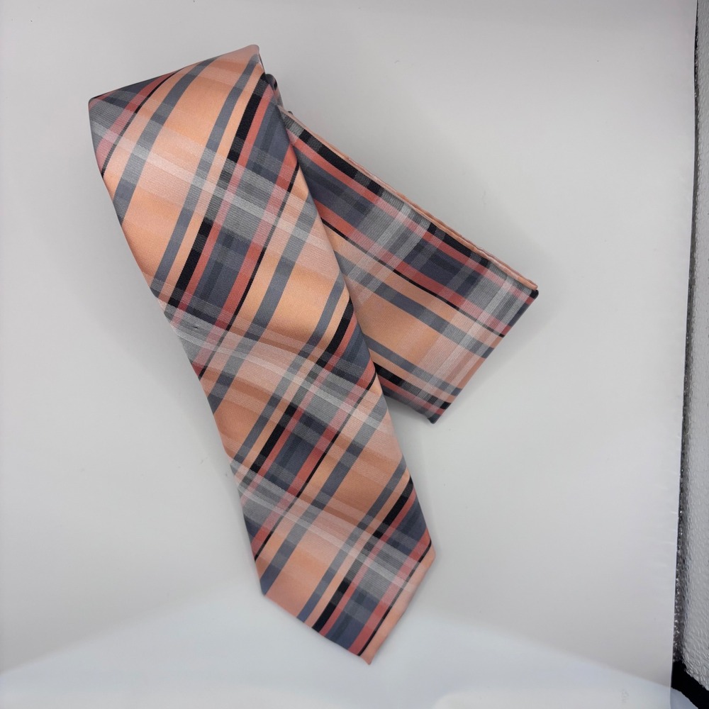 Brand Q Tie Set Mens‎ OS Peach Grey Plaid Microfiber NWT 2098-E Formal Business